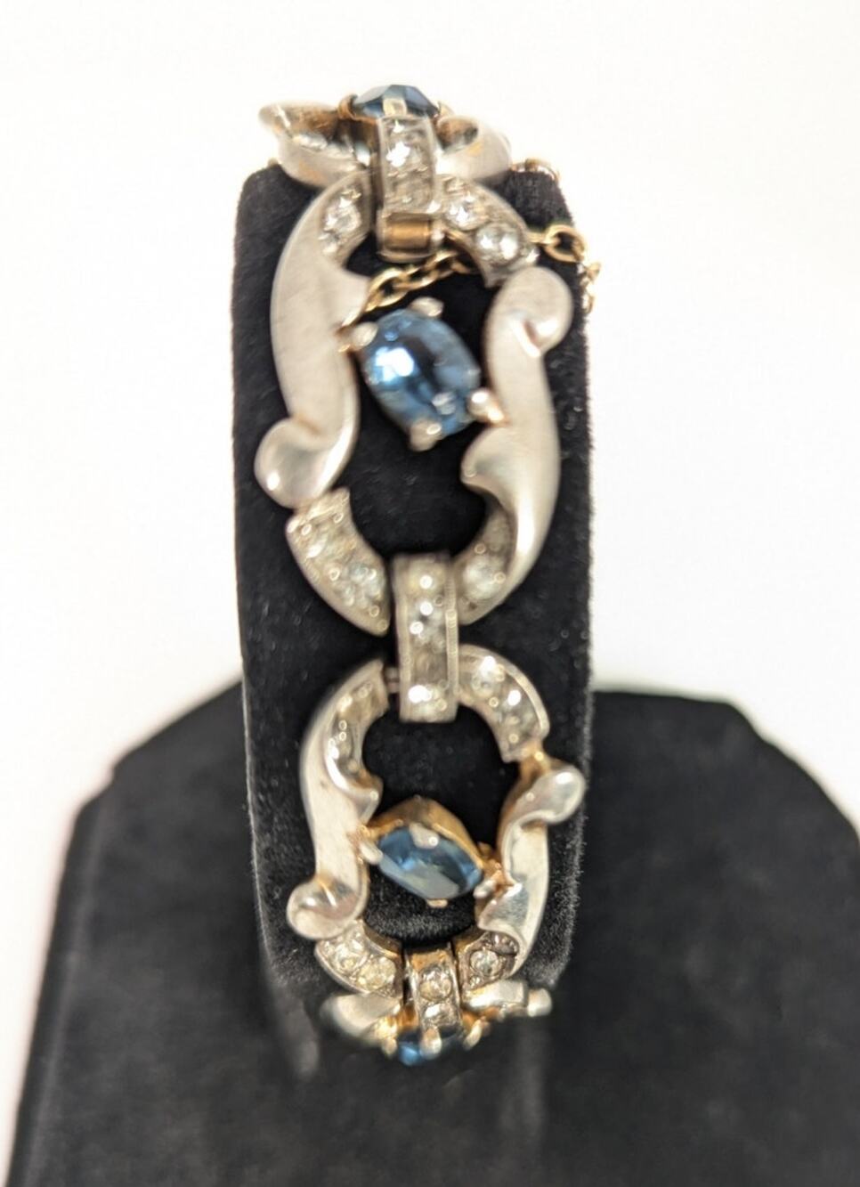 Vtg 1940s Sterling Vermeil Faux Sapphire Rhinestone Bracelet Retro Safety Chain